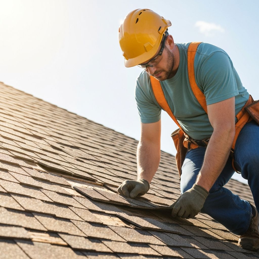 Professional roofer assessing roof damage for repair estimate